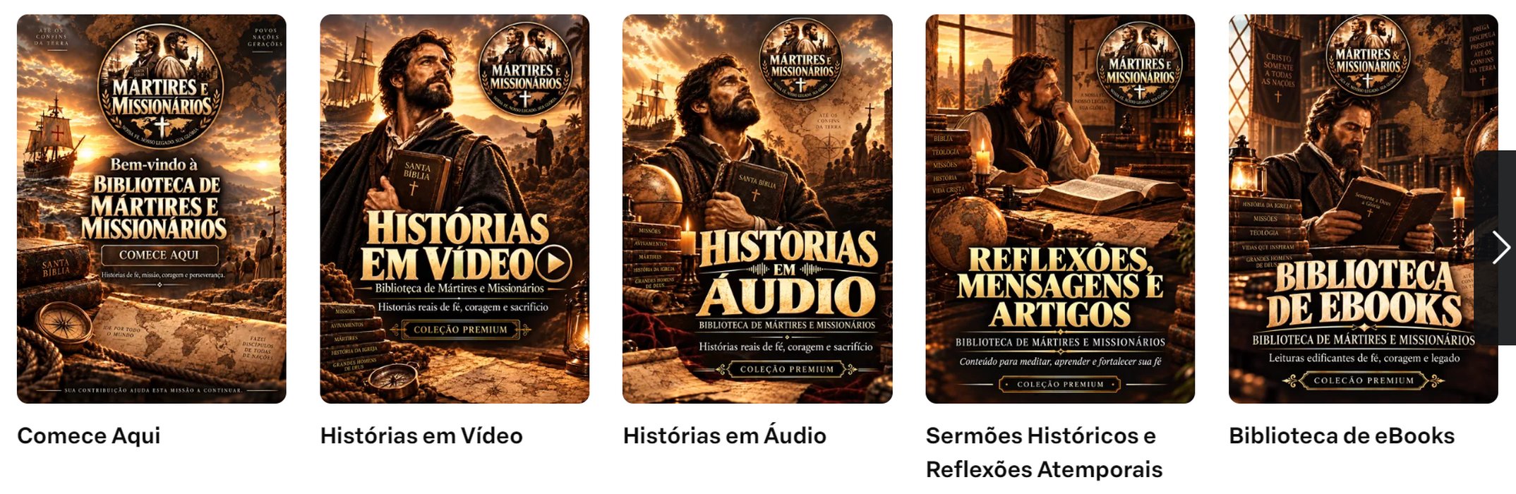 Módulos da área de membros: Comece Aqui, Vídeos, Áudios, Sermões e eBooks